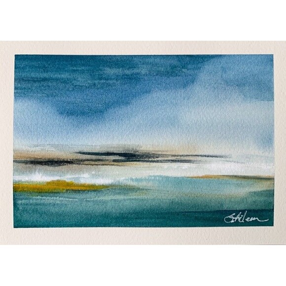 Original Watercolor Painting Seascape Landscape Sky AFTER THE RAIN Signed 5x7 - Picture 1 of 4